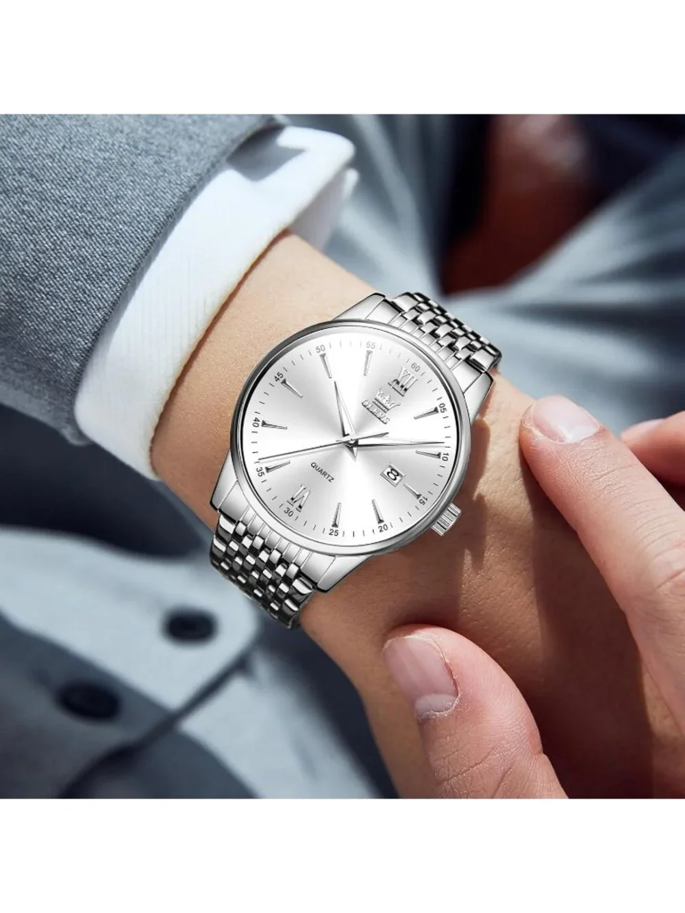 Men's Silver Stainless Steel Band Waterproof Roman Numbers Round Classic Watch